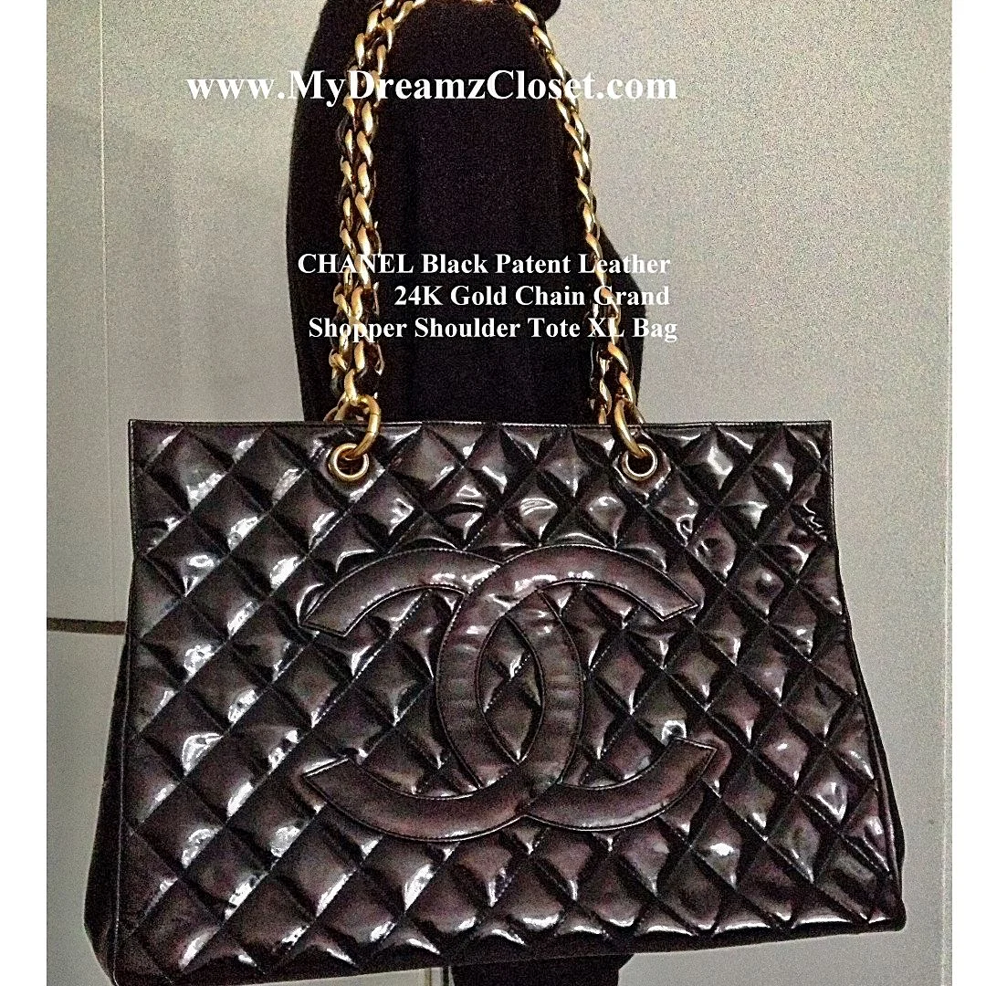 CHANEL Black Patent Leather 24K Gold Chain Grand Shopper Shoulder Tote XL Bag