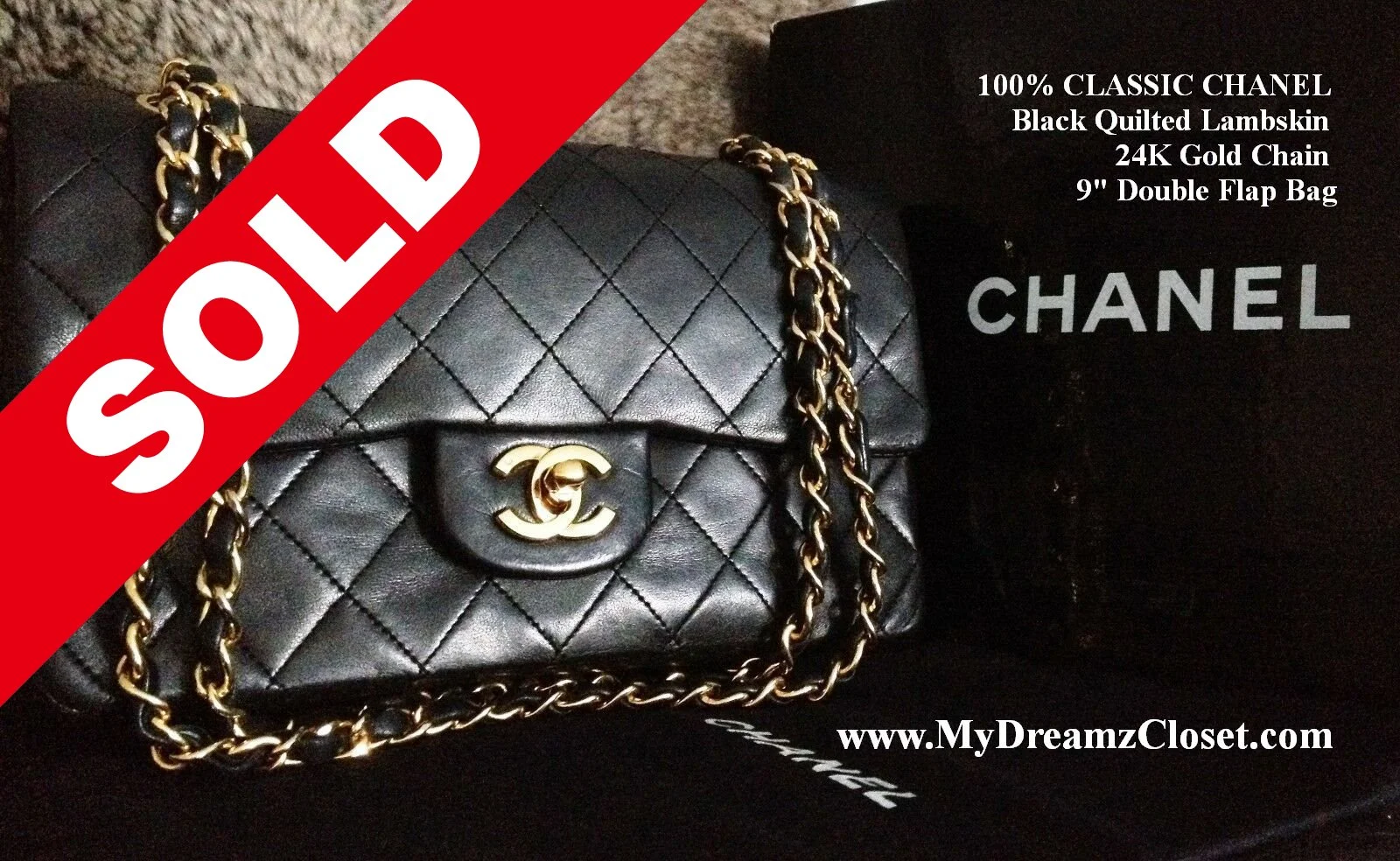SOLD Lambskin 188 - 100% CLASSIC CHANEL Black Quilted Lambskin 24K Gold Chain 9" Double Flap Bag