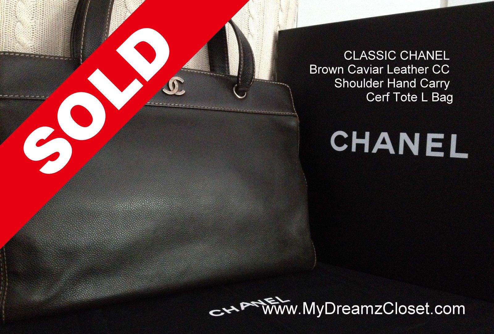 CLASSIC CHANEL Brown Caviar Leather CC Shoulder Hand Carry Cerf Tote L Bag