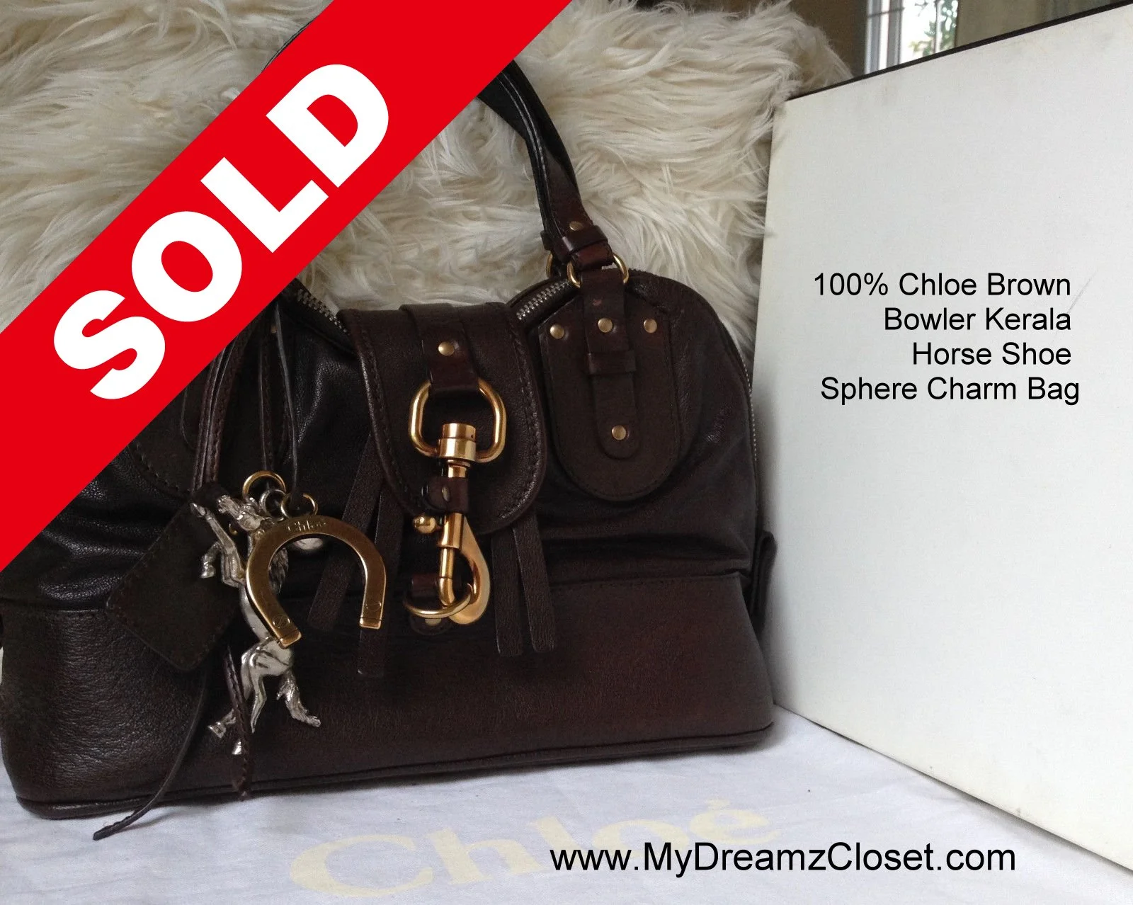 100% Chloe Brown Bowler Kerala Horse Shoe Sphere Charm Bag