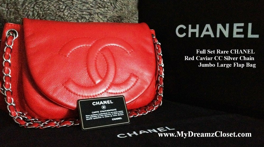 SOLD - Full Set Rare CHANEL Red Caviar CC Silver Chain Jumbo Large Flap Bag  - My Dreamz Closet