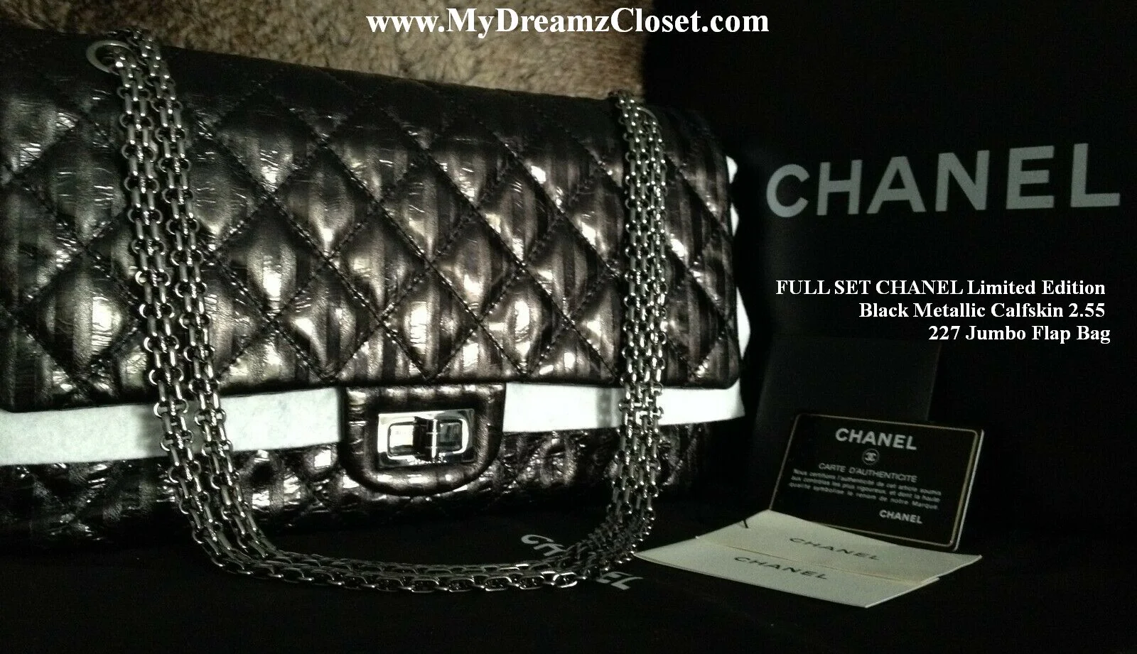 FULL SET CHANEL Limited Edition Black Metallic Calfskin 2.55 227 Jumbo Flap Bag