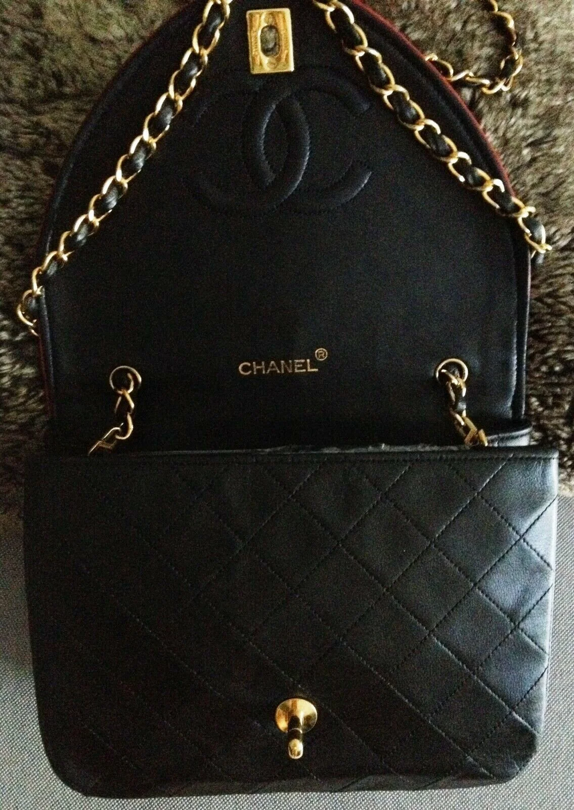 SOLD RARE CLASSIC CHANEL Black Quilted Lambskin CC 24K Gold Chain