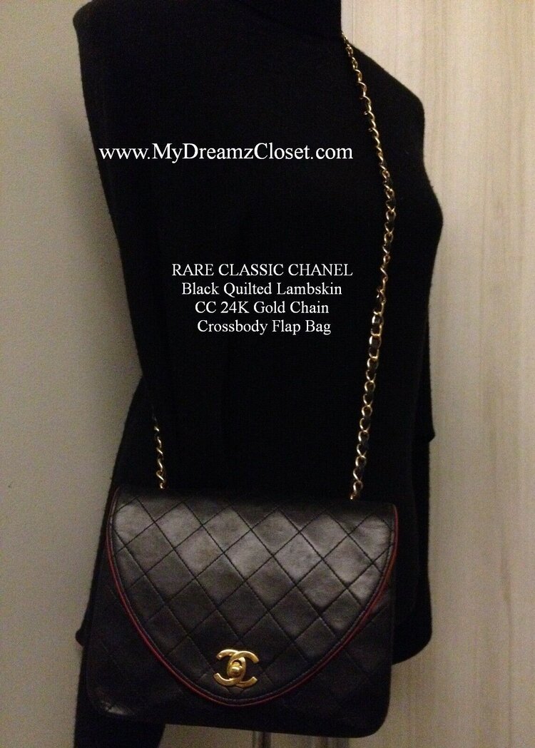 SOLD - RARE CLASSIC CHANEL Black Quilted Lambskin CC 24K Gold Chain  Crossbody Flap Bag - My Dreamz Closet