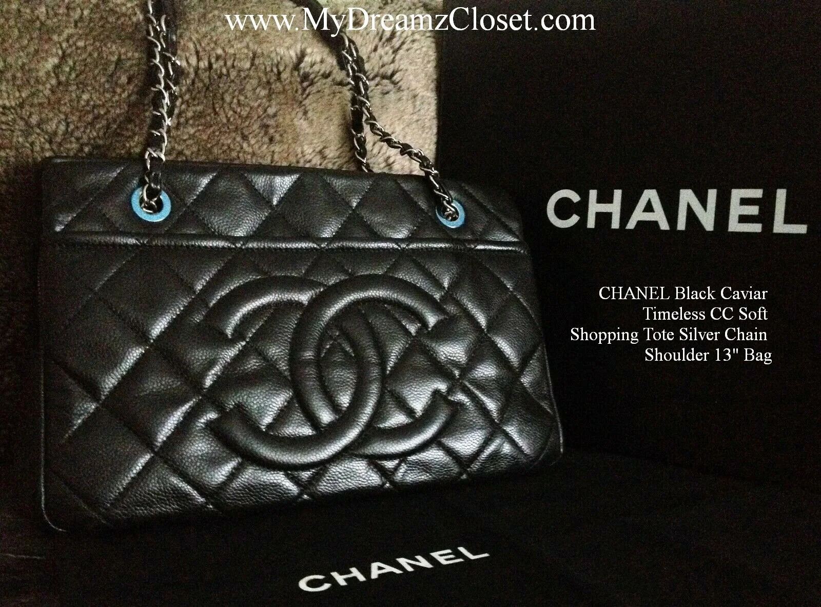 CHANEL Black Caviar Timeless CC Soft Shopping Tote Silver Chain Shoulder 13" Bag