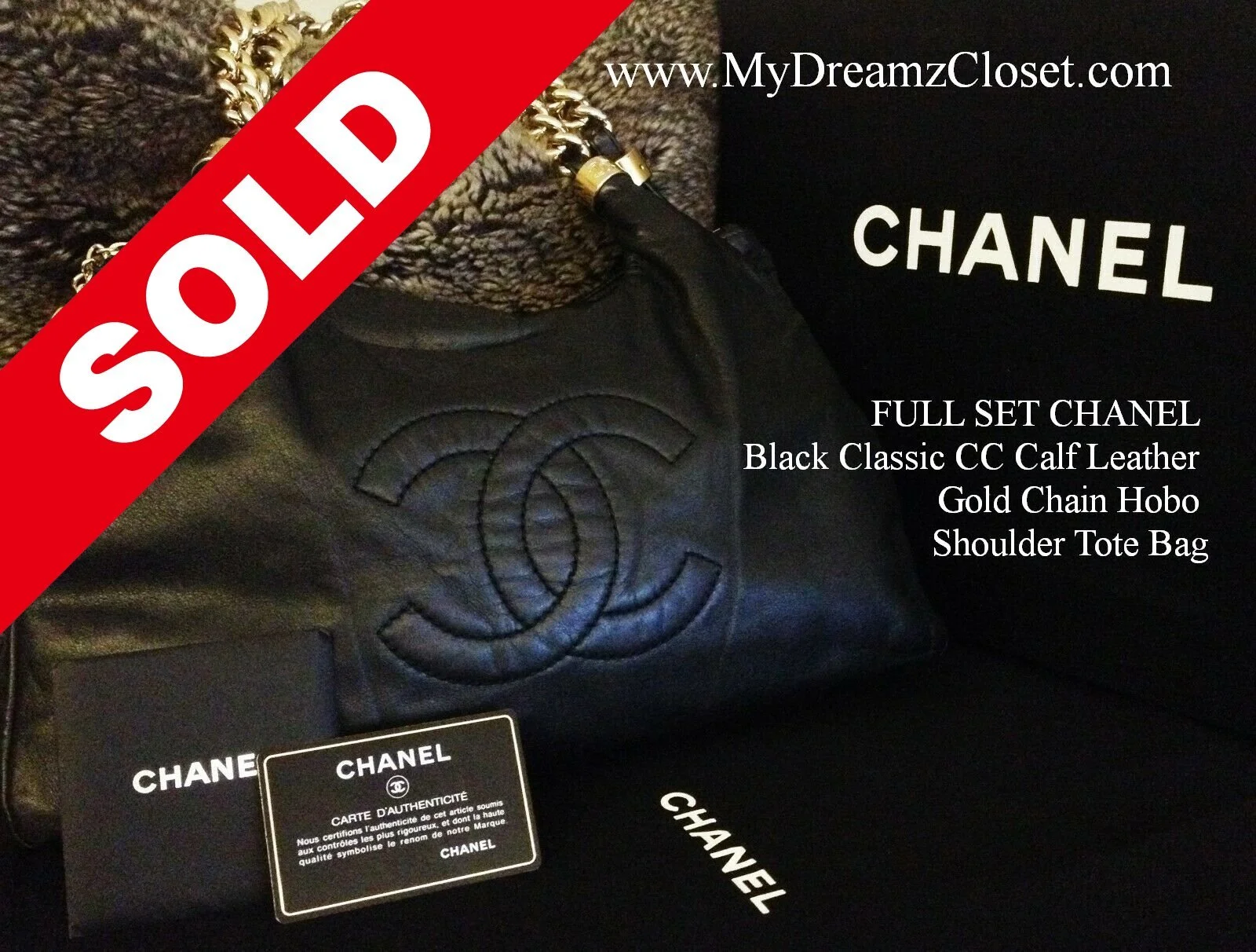 FULL SET CHANEL Black Classic CC Calf Leather Gold Chain Hobo Shoulder Tote Bag