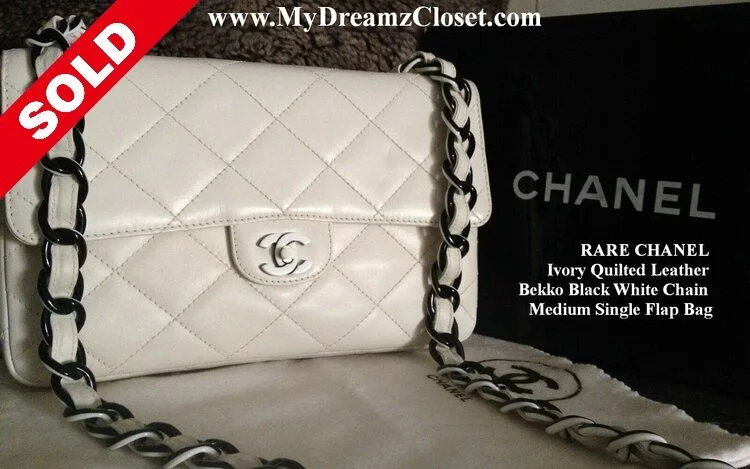 Sold Lambskin 189 - RARE CHANEL IVORY QUILTED LEATHER BEKKO BLACK WHITE CHAIN MEDIUM SINGLE FLAP BAG