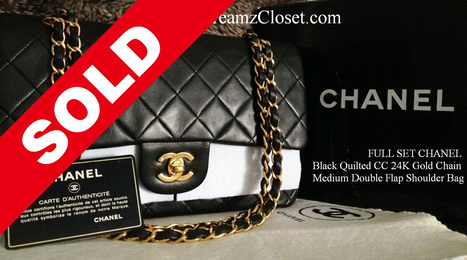 Sold Lambskin 190 - FULL SET CHANEL Black Quilted CC 24K Gold Chain Medium Double Flap Shoulder Bag