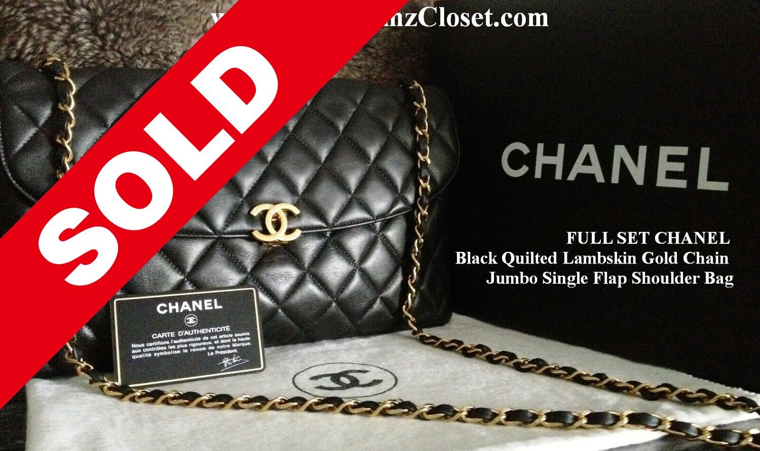 Sold Lambskin 191 - FULL SET CHANEL Black Quilted Lambskin Gold Chain Jumbo Single Flap Shoulder Bag