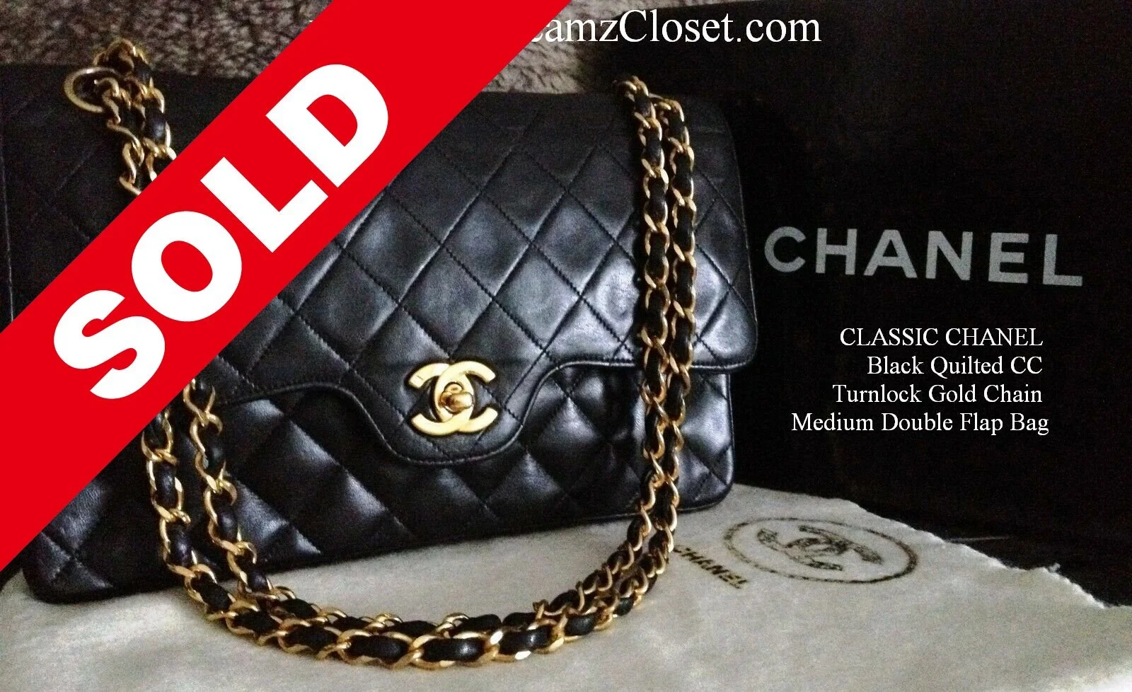 SOLD Lambskin 192 - CLASSIC CHANEL Black Quilted CC turnlock Gold Chain Medium Double Flap Bag