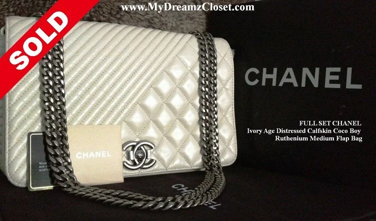 FULL SET CHANEL Ivory Age Distressed Calfskin Coco Boy Ruthenium Medium Flap Bag