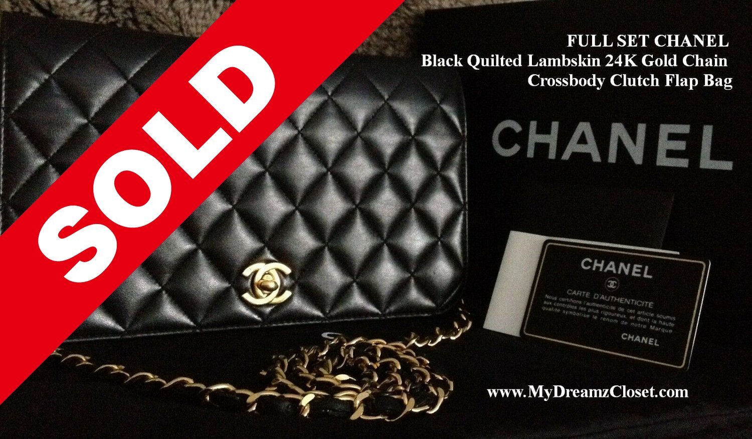 Sold Lambskin 193 - FULL SET CHANEL Black Quilted Lambskin 24K Gold Chain Crossbody Clutch Flap Bag