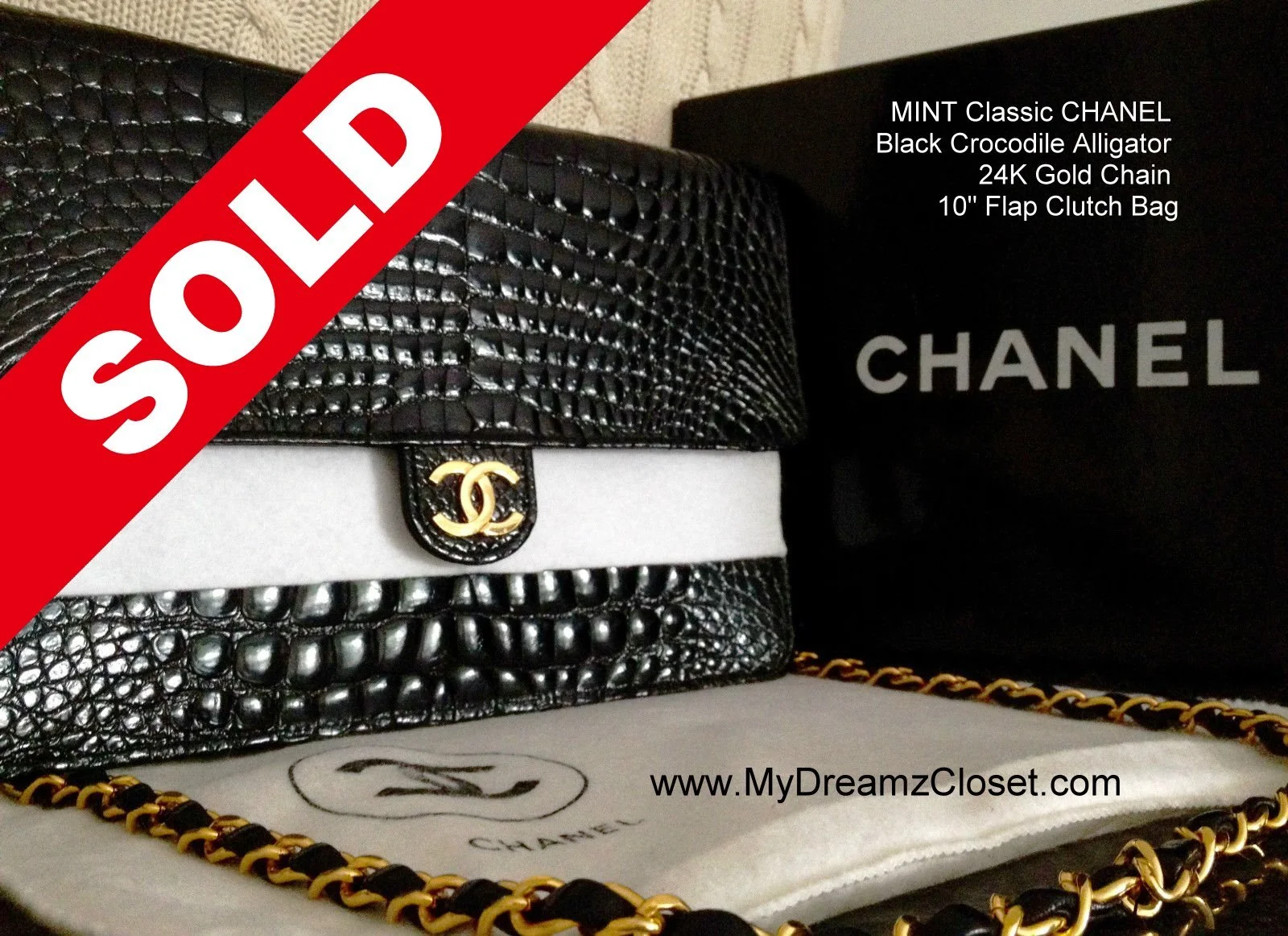 MINT Classic CHANEL Black Crocodile Alligator 24K Gold Chain 10" Flap Clutch Bag