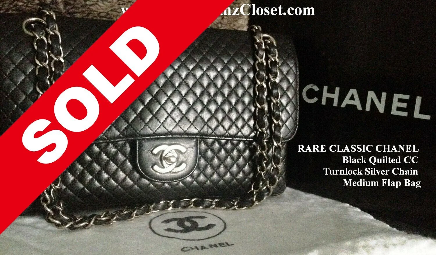 Sold Lambskin 195 - RARE CLASSIC CHANEL Black Quilted CC Turnlock Silver Chain Medium Flap Bag