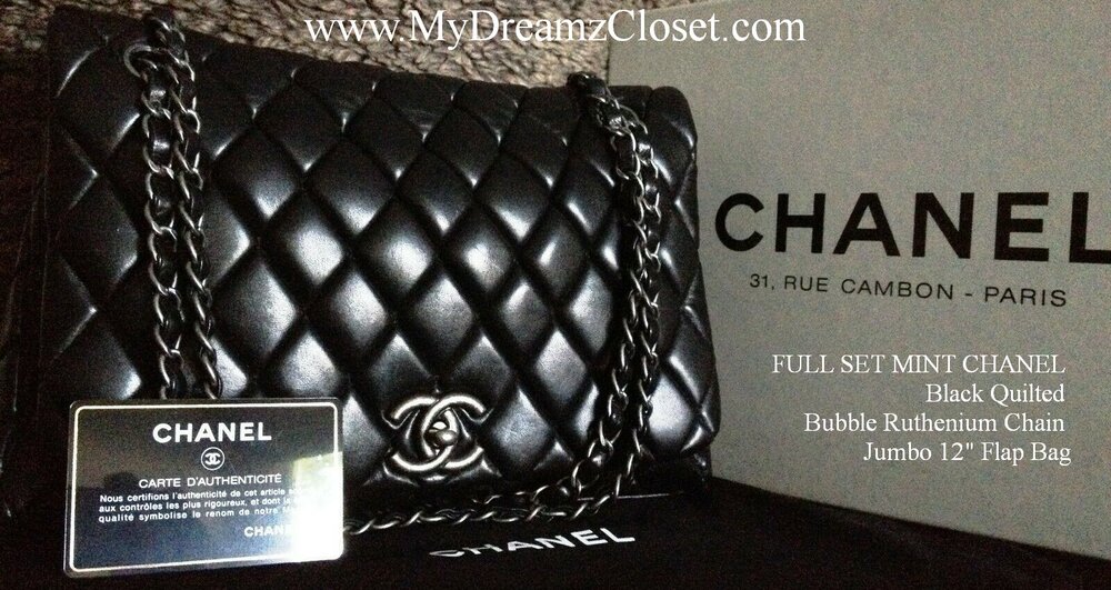 SOLD - RARE MINT CHANEL Black Classic Patent Lucky Charms Silver Chain  Jumbo Flap Bag - My Dreamz Closet