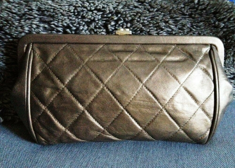 CHANEL Classic Quilted Bronze Lambskin Leather Gold CC Kiss Lock Vintage  Clutch - My Dreamz Closet