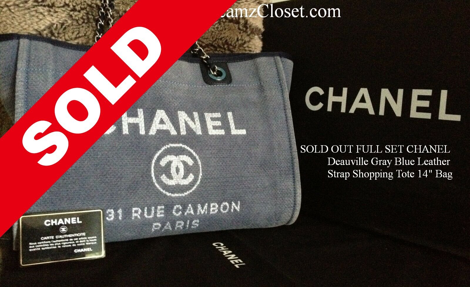 FULL SET CHANEL Deauville Gray Blue Leather Strap Shopping Tote 14" Bag