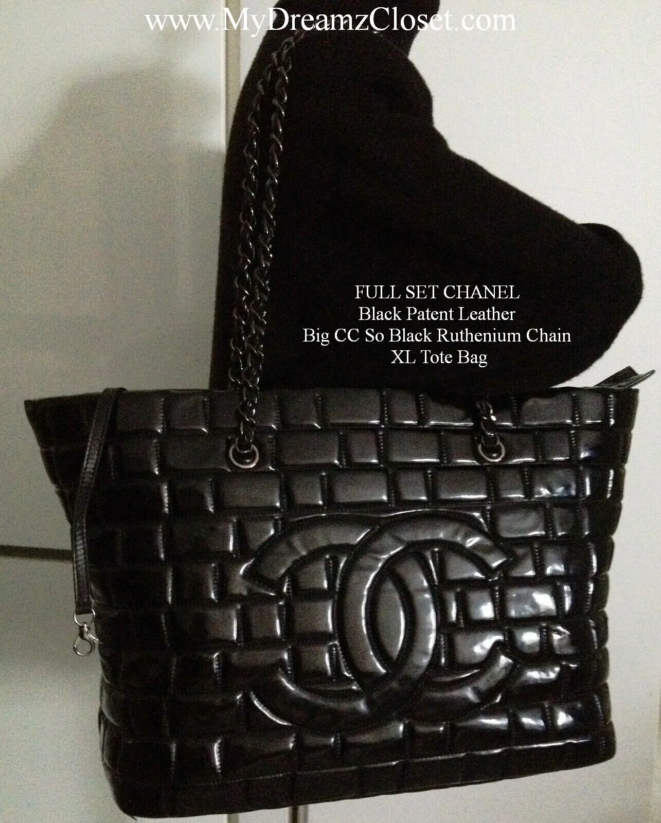 RESERVED - FULL SET CHANEL Black Patent Leather Big CC So Black Ruthenium Chain XL Tote Bag