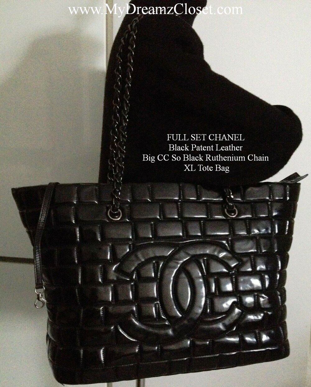 FULL SET CHANEL Black Patent Leather Big CC So Black Ruthenium Chain XL Tote  Bag - My Dreamz Closet