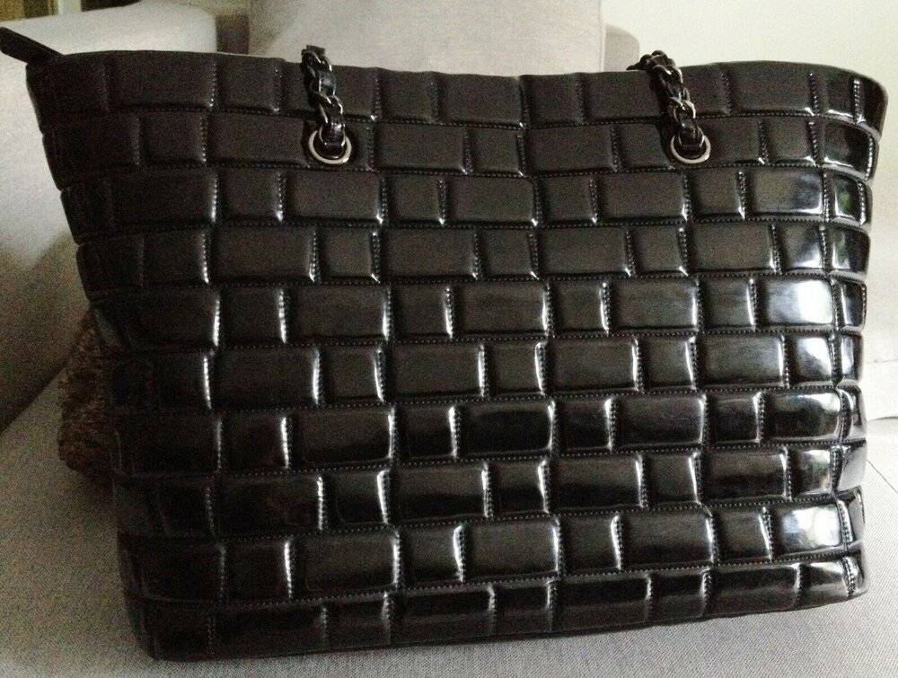 CHANEL Patent Quilted Large Cells Tote Black Black 1312050