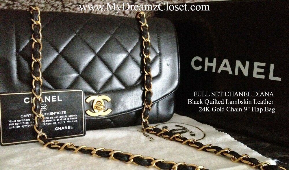 SOLD - FULL SET CHANEL DIANA Black Quilted Lambskin Leather 24K Gold Chain  9 Flap Bag - My Dreamz Closet