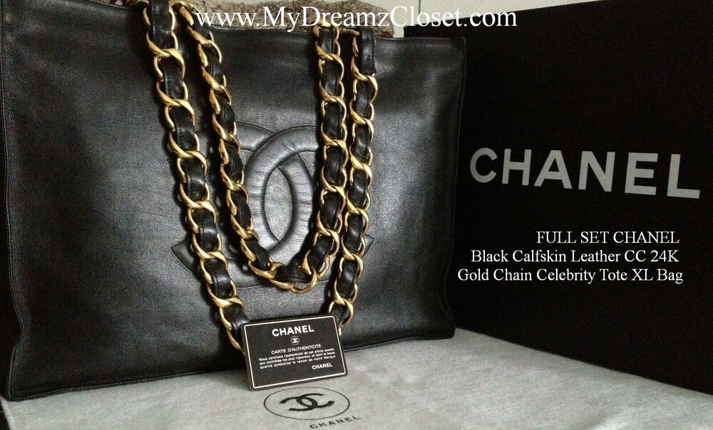 chanel black tote with gold chain used