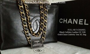 SOLD - FULL SET CHANEL Black Calfskin Leather CC 24K Gold Chain Celebrity  Tote XL Bag - My Dreamz Closet