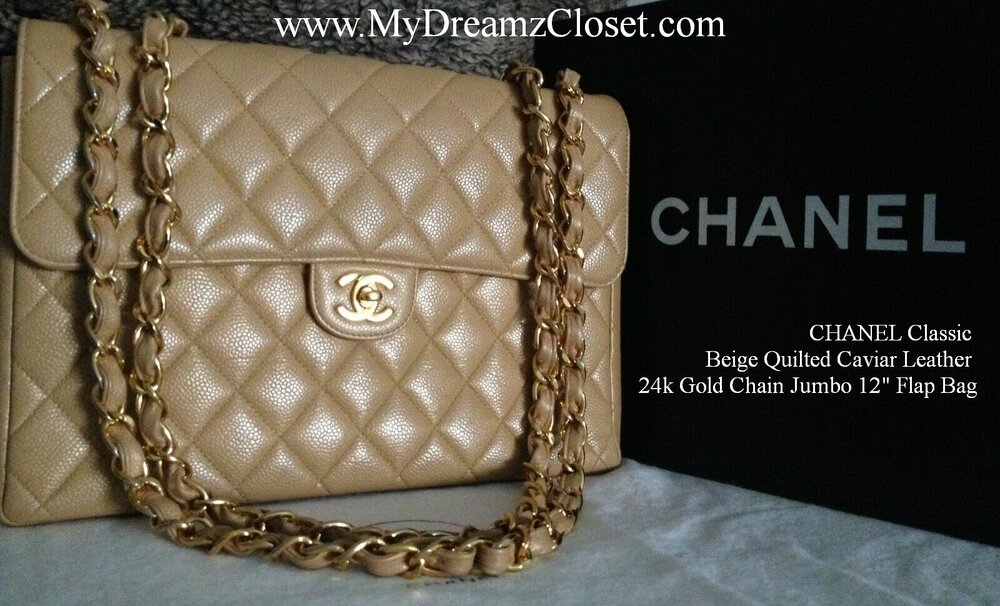 SOLD - CHANEL Classic Beige Quilted Caviar Leather 24k Gold Chain Jumbo 12  Flap Bag - My Dreamz Closet