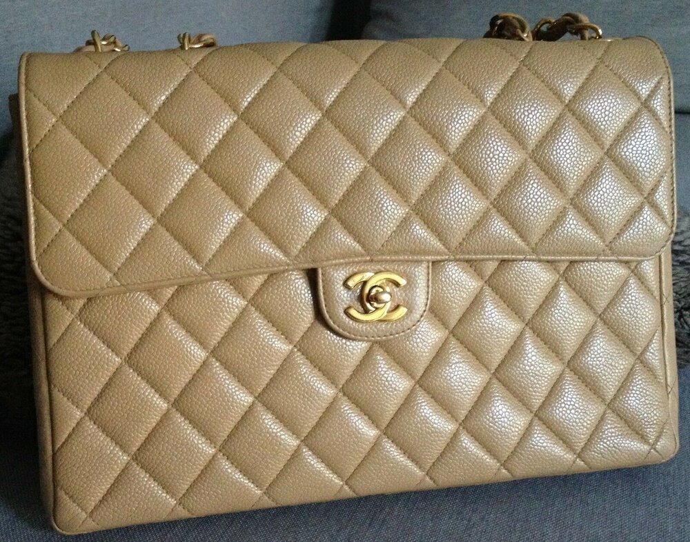 SOLD - CHANEL Classic Beige Quilted Caviar Leather 24k Gold Chain