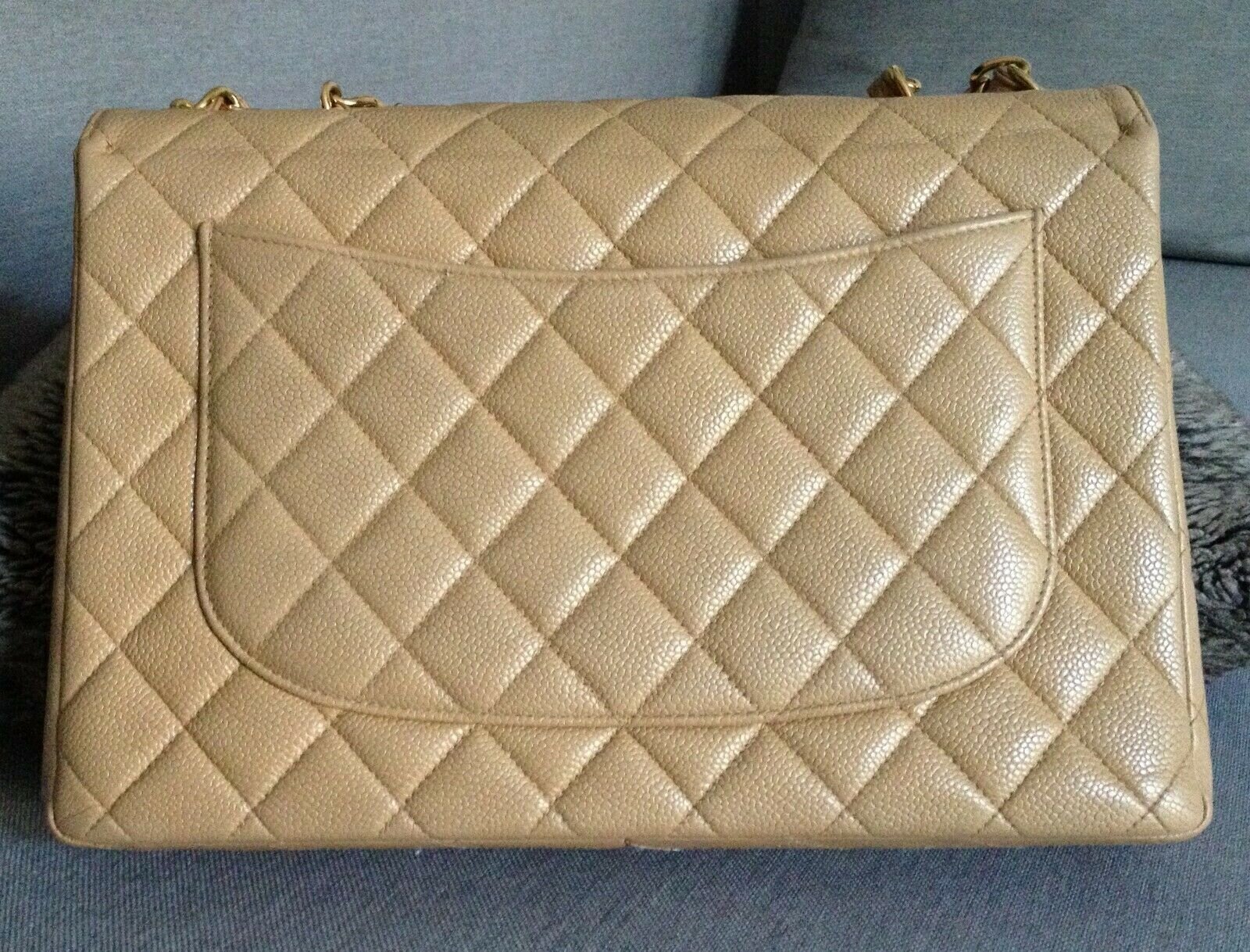 SOLD - CHANEL Classic Beige Quilted Caviar Leather 24k Gold Chain Jumbo ...