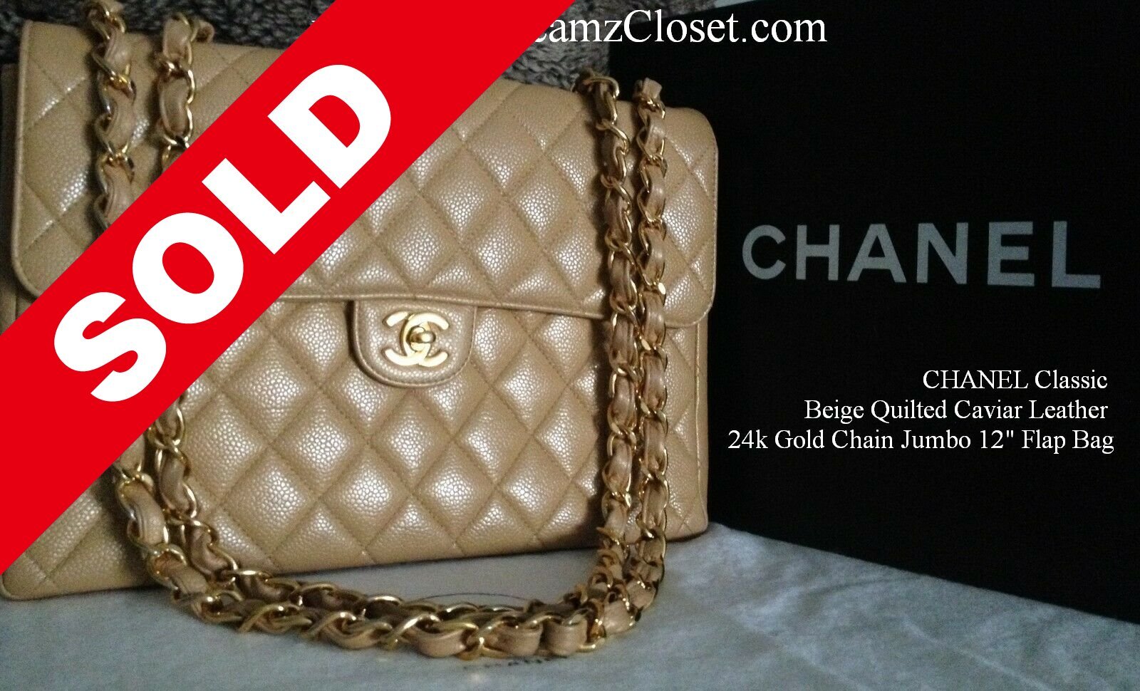 SOLD - CHANEL Classic Beige Quilted Caviar Leather 24k Gold Chain Jumbo 12" Flap Bag