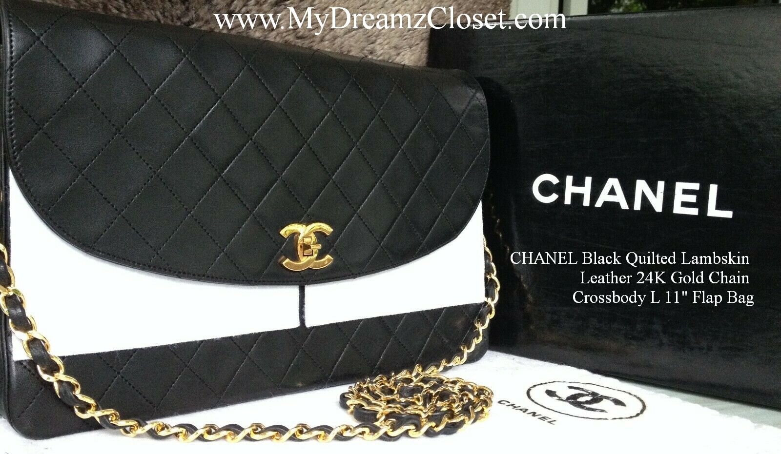 CHANEL Black Quilted Lambskin Leather 24K Gold Chain Crossbody L 11" Flap Bag