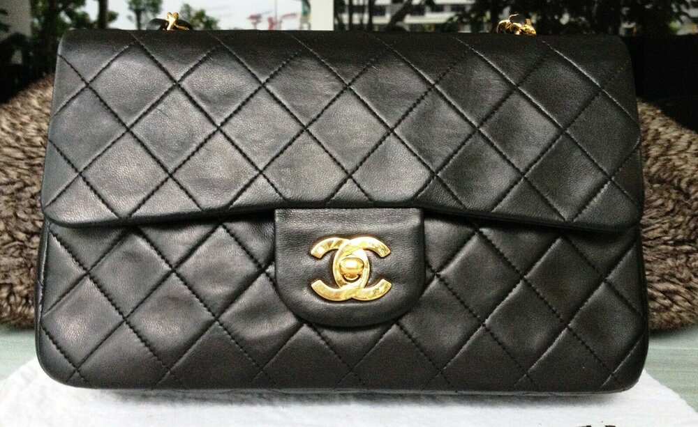 SOLD - CHANEL Classic Black Lambskin Leather 24k Gold Chain Small