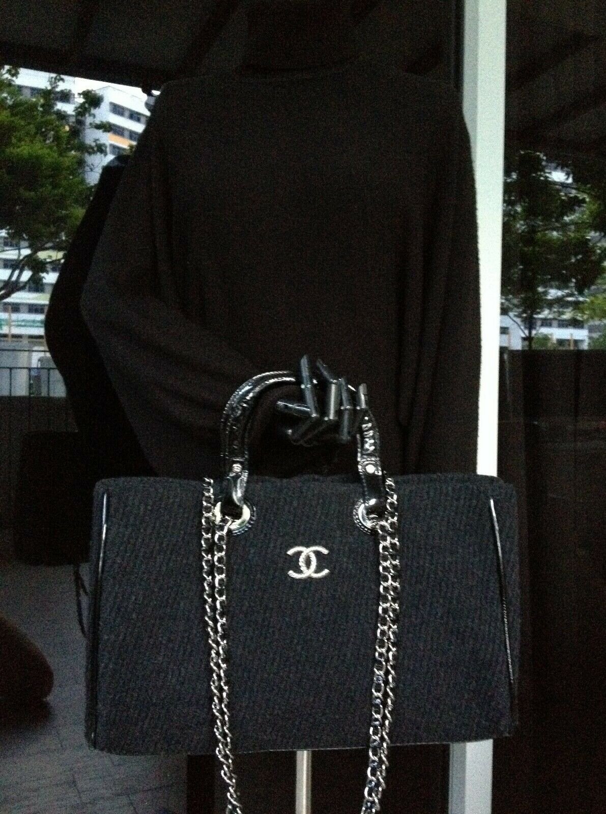SOLD - CHANEL Grey Wool Felt Black Patent Leather Silver Chain 2 Way L ...