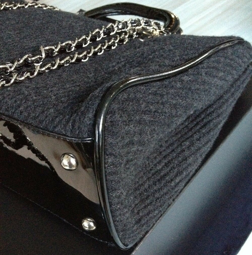 SOLD - CHANEL Grey Wool Felt Black Patent Leather Silver Chain 2 Way L  Shopper Tote Bag - My Dreamz Closet