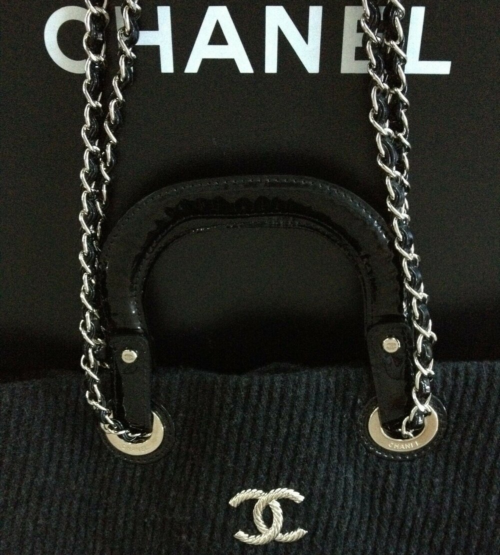 SOLD - CHANEL Grey Wool Felt Black Patent Leather Silver Chain 2 Way L Shopper  Tote Bag - My Dreamz Closet