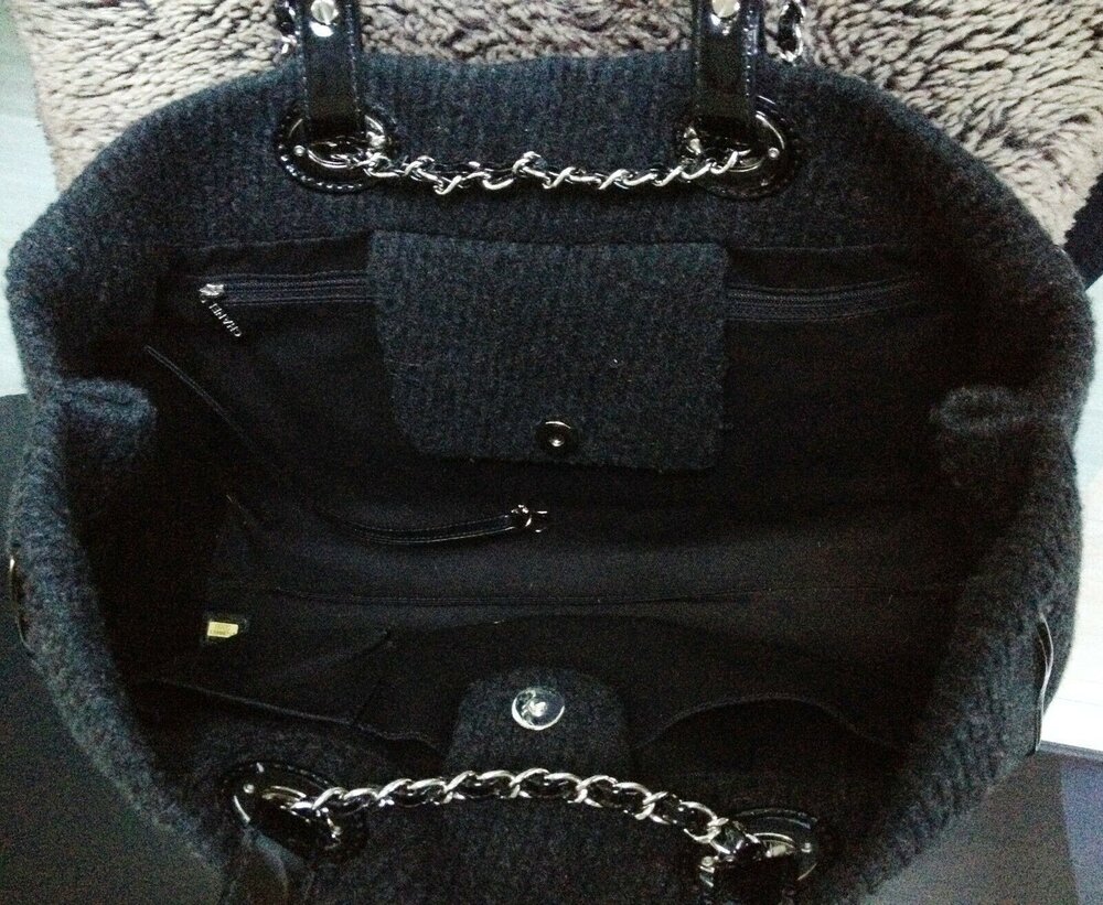 SOLD - CHANEL Grey Wool Felt Black Patent Leather Silver Chain 2 Way L  Shopper Tote Bag - My Dreamz Closet