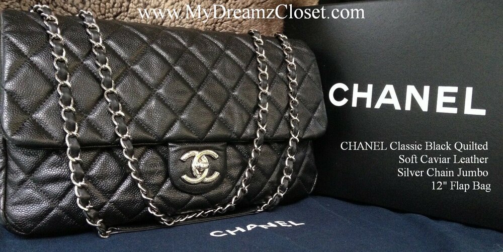 SOLD - CHANEL Classic Black Quilted Soft Caviar Leather Silver Chain Jumbo  12
