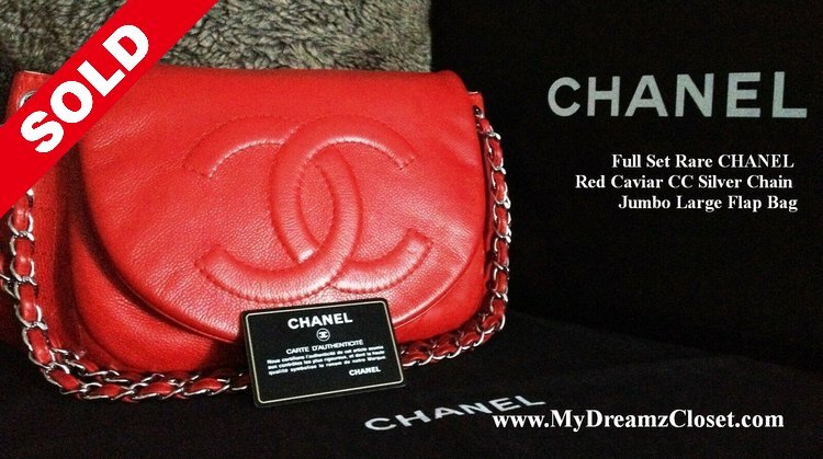 SOLD - Full Set Rare CHANEL Red Caviar CC Silver Chain Jumbo Large
