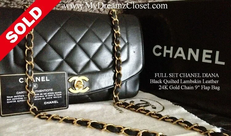 SOLD - FULL SET CHANEL DIANA Black Quilted Lambskin Leather 24K Gold Chain 9" Flap Bag