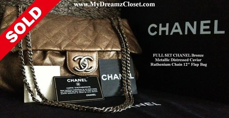 SOLD - FULL SET CHANEL Bronze Metallic Distressed Caviar Ruthenium Chain 12" Flap Bag