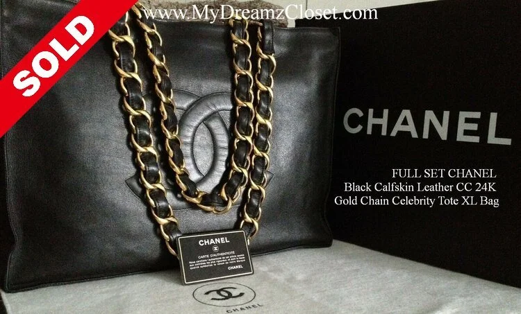 SOLD - FULL SET CHANEL Black Calfskin Leather CC 24K Gold Chain Celebrity Tote XL Bag