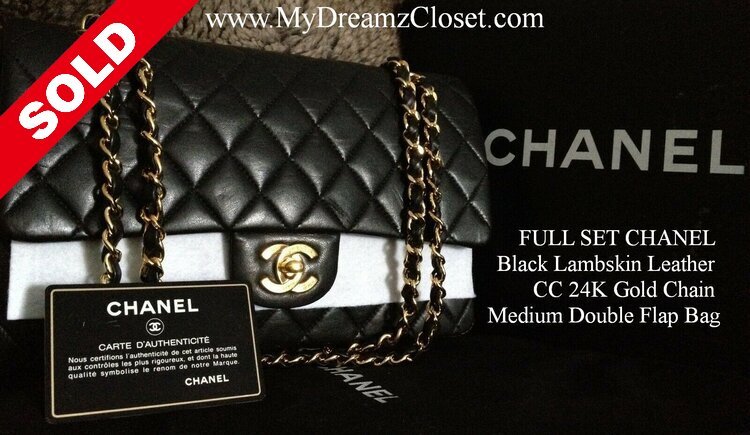 Sold - Full Set Chanel Black Lambskin Leather Cc 24K Gold Chain Medium  Double Flap Bag - My Dreamz Closet