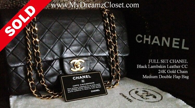 SOLD - FULL SET CHANEL Black Lambskin Leather CC 24K Gold Chain Medium Double Flap Bag