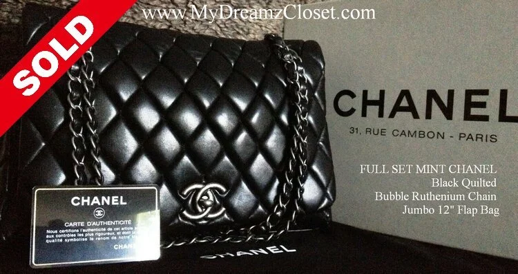 SOLD - FULL SET MINT CHANEL Black Quilted Bubble Ruthenium Chain Jumbo 12" Flap Bag