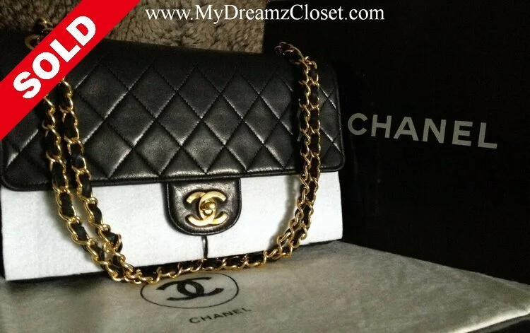SOLD - CHANEL Black Quilted Lambskin Leather CC 24K Gold Chain Medium Double Flap Bag  