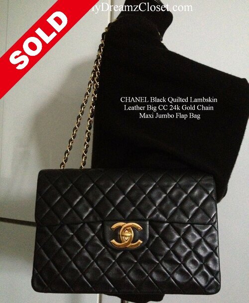 SOLD - CHANEL Black Quilted Lambskin Leather Big CC 24k Gold Chain Maxi Jumbo Flap Bag  