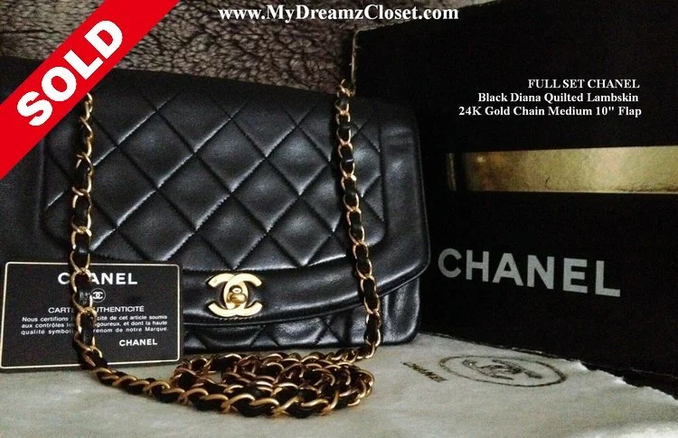 SOLD - FULL SET CHANEL Black Diana Quilted Lambskin 24K Gold Chain Medium 10" Flap