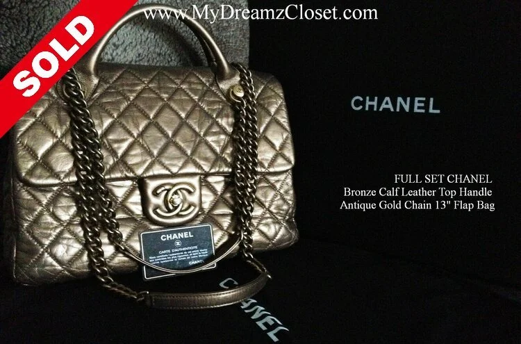 SOLD - FULL SET CHANEL Bronze Calf Leather Top Handle Antique Gold Chain 13" Flap Bag