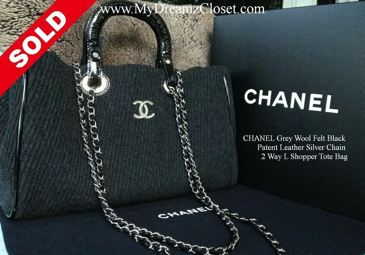 SOLD - CHANEL Grey Wool Felt Black Patent Leather Silver Chain 2 Way L Shopper Tote Bag  